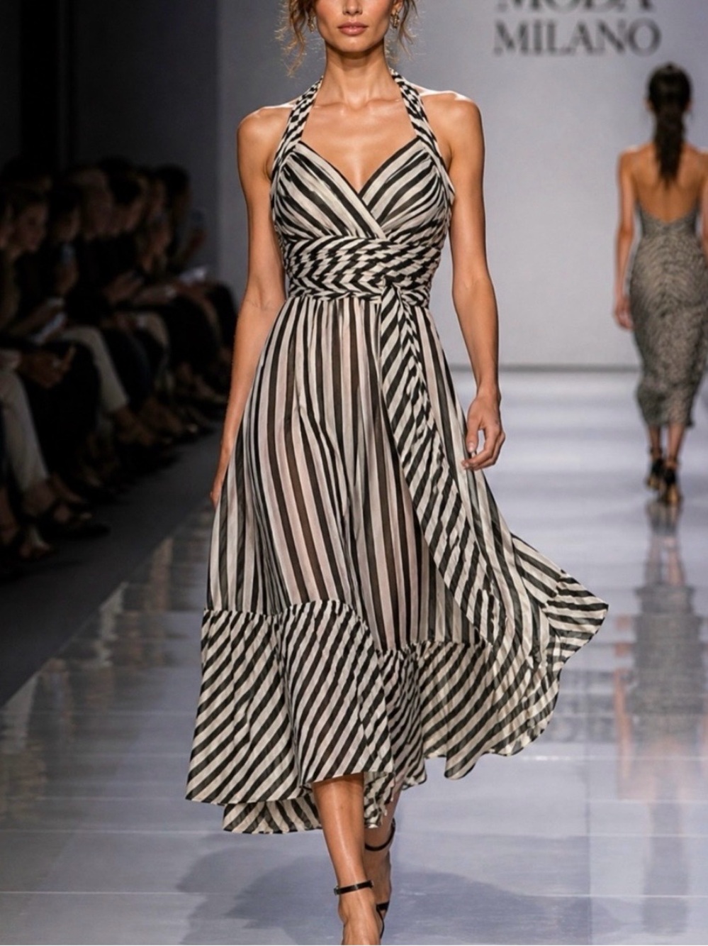 BCBGMaxAzria Black and White Striped Halter Midi Dress